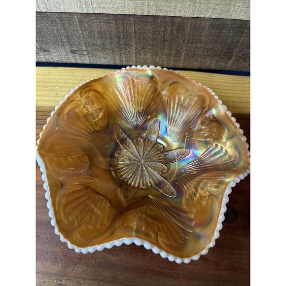 Dugan Victor Petal & Fan Pattern Beaded Ruffled Edge Orange Opalescent Bowl - Picture 2 of 8
